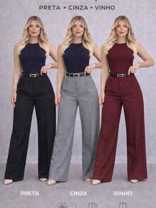 Set Of 3 Women's Tailored Trousers With Belt - 黑米酒紅 - 查看 2