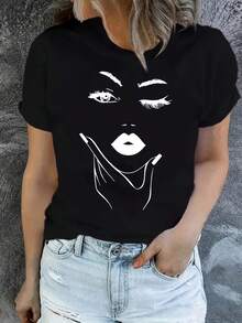 Women's Lightweight Graphic T-Shirt - Modern Minimalist Abstract Face Art Print, Relaxed Neck Summer Top, Casual Daily T-Shirt For Women (Black/White Contrast) - Breathable Daily Essential, Versatile Air Staple, Soft And Comfortable Material - 黑色 - 查看 1