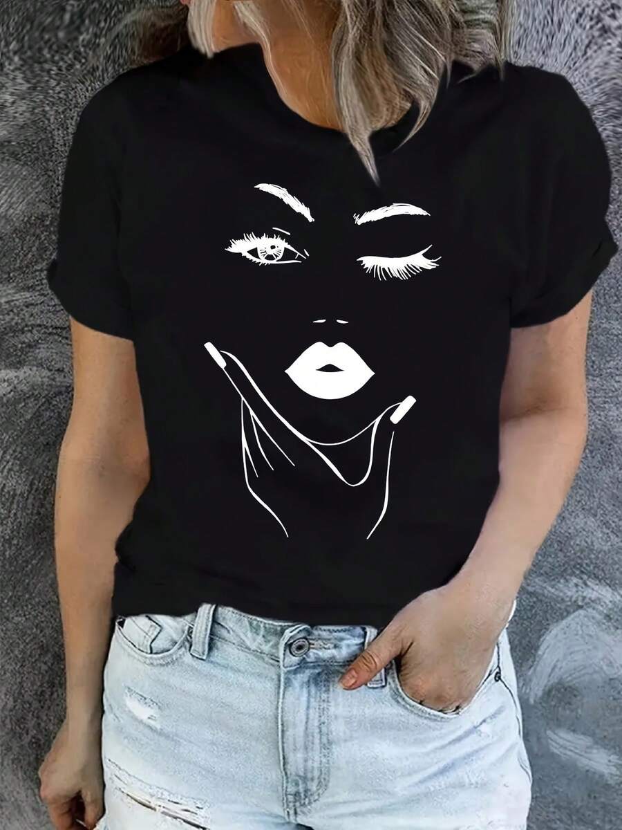 Women's Lightweight Graphic T-Shirt - Modern Minimalist Abstract Face Art Print, Relaxed Neck Summer Top, Casual Daily T-Shirt For Women (Black/White Contrast) - Breathable Daily Essential, Versatile Air Staple, Soft And Comfortable Material - 黑色 - 查看 1