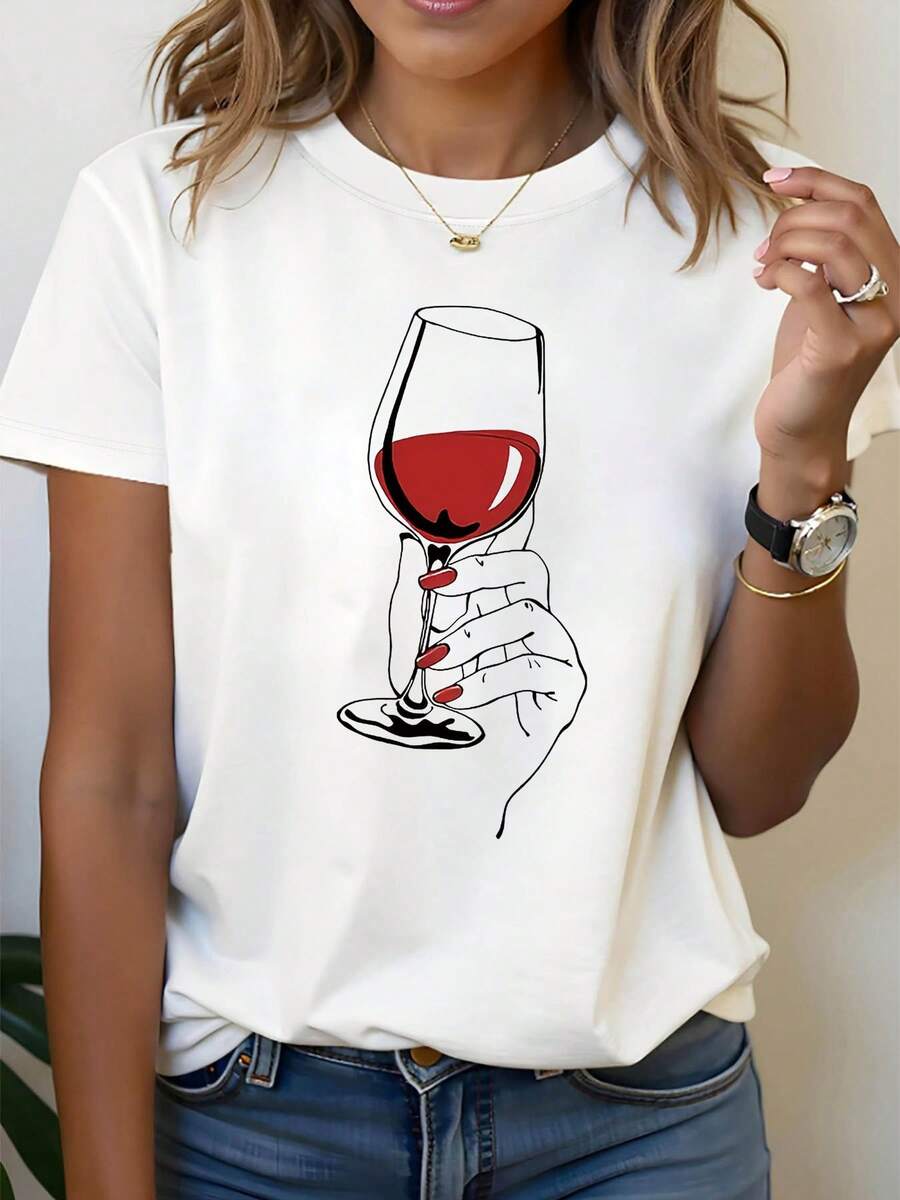 Featuring A Wine-Colored Graphic Print T-Shirt, A Short Crew Neck Casual Top For Summer And Spring, Women's Clothing - 白色 - 查看 1