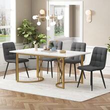 Dining Set (5 Pieces), Dining Table With 4 Chairs, Modern Kitchen Table Set, 140*80 Cm Kitchen Table With Gold Metal Legs, White MDF Tabletop, Dark Gray Linen Dining Chairs. - White - View 2