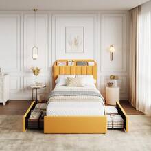 Upholstered Bed With Storage Headboard And Shelving Unit - 2 Drawers, Sturdy Frame - Modern, Quiet And Easy To Assemble - Slatted Base Not Included - Yellow - View 8