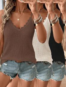 LUNE 3 piezas Tops sin mangas de mujer con encaje de estilo waffle y empalme, prendas básicas de uso diario, primavera/verano, casual - Multicolor 6 - Ver 1