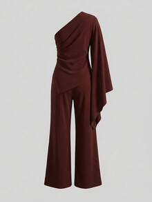 Elegaris Women's Elegant Red-Brown Asymmetric Shoulder Ruched Sleeve Top And Wide Leg Pants 2-Piece Set, Fashionable And Casual - Brown - View 7