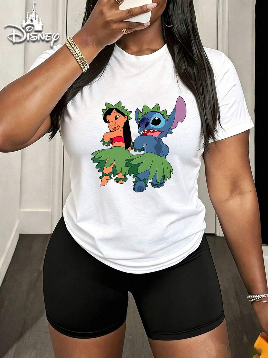 [Disney 2-Piece Casual Women's Set] Disney 'Lilo & Stitch' 'Forever Best Friends' Cartoon Print Crew Neck Short Sleeve T-Shirt And Cycling Shorts Women's Outfit Set, Summer Street, Daily Vacation, Casual Home Wear - trắng - Xem 1