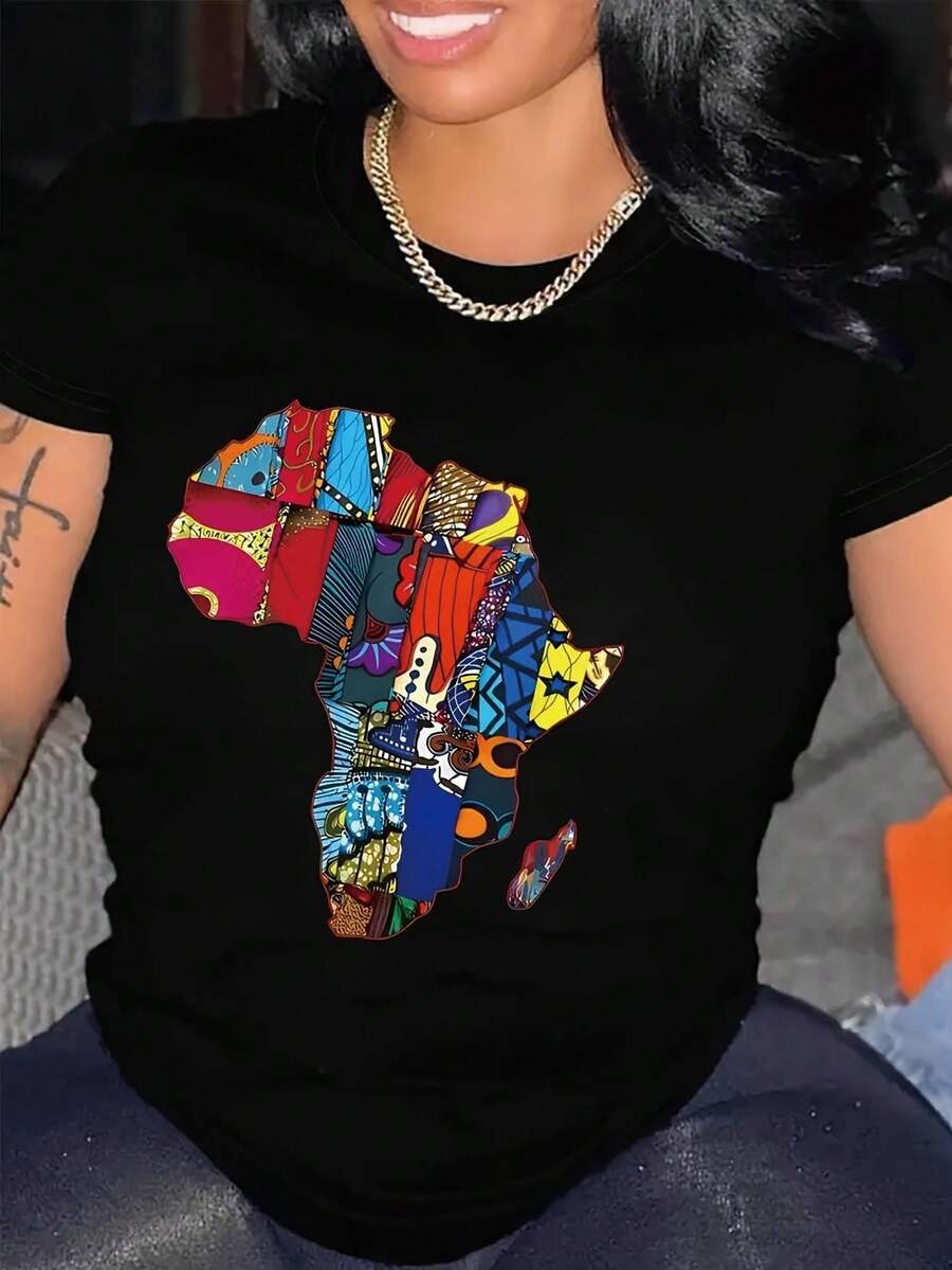 Womens Casual Short Sleeve T-Shirt - African Map Print with Vibrant Geometric Patterns, Semi-Sheer Round Neck, Machine Washable, Regular Fit for Spring & Summer, Allseasons Top, Cultural Fashion Tee, Soft Fabric Tee