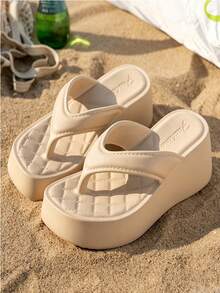 Chanclas con plataforma y cuña para mujer, de unicolor, con suela gruesa antideslizante de EVA, para la playa y uso diario, para el verano - Caqui - Ver 5