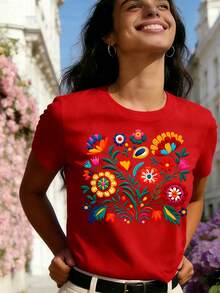 Mexican-Style T-Shirt With A Colorful Floral Print Featuring Festive Motifs, Casual Short-Sleeved Top With A Round Neck For Women. DWRM - 紅色 - 查看 6