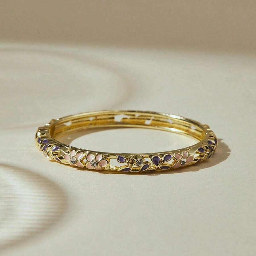 ORNAPEADIA 1件女士手绘珐琅花卉开口手镯，镀金合金镶嵌水钻，复古可叠戴小众设计首饰
