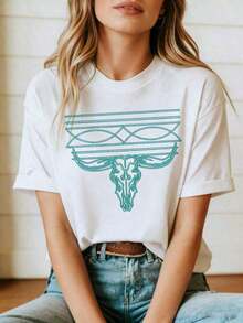 GiftGiftGraphic Tees2026 Women's Western Cowboy Style T-Shirt With Turquoise Boots, Elegant Casual Shirt, Sportswear, 100% Cotton, Breathable And Comfortable, Round Neck, Short Sleeve, Polyester Fabric, Fashionable For Everyday Summer Wear - Unisex Loose Fit 100% Cotton T-Shirt, Soft Summer Tops - 白色 1 - 查看 7