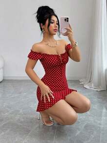 Vestido camisero con volantes en el bajo y hombros descubiertos, estilo vintage con estampado - Vestido entallado de línea A - Rojo - Ver 8