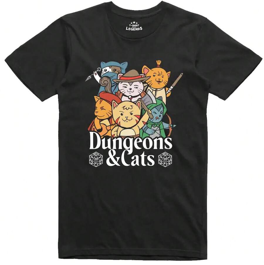 RPG Funny Mens T Shirt Dungeons And Cats Role Playing Regular Fit Tee - Black - View 1