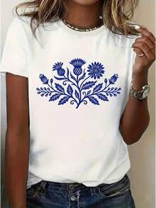 , 1pc mujer primavera / verano ropa, ropa de mujer elegante, azul floral patrón de la camiseta gráfica, cuello redondo corto Sves, casual y de moda Top, día de fiesta disfraces, suelto ajuste, día Gif, ropa diaria - Blanco - Ver 2