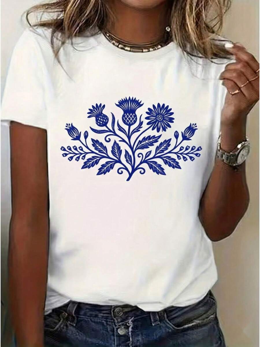 , 1pc mujer primavera / verano ropa, ropa de mujer elegante, azul floral patrón de la camiseta gráfica, cuello redondo corto Sves, casual y de moda Top, día de fiesta disfraces, suelto ajuste, día Gif, ropa diaria