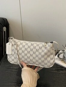 Letter Print Underarm Baguette Bag - Beige - View 10