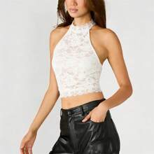 Top corto sexy de encaje con cuello halter floral para mujer, sin mangas, sin espalda, ajustado, para fiesta, club, jacquard - BLANCO - Ver 2