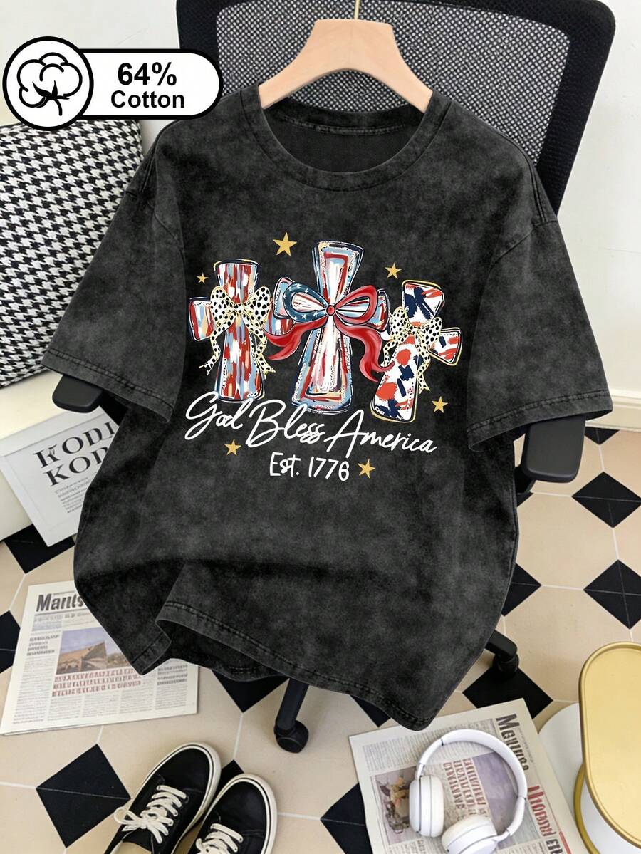 Áo thun ngắn tay nữ cỡ lớn, chất liệu 64% cotton, kiểu dáng vintage, in hình thánh giá và cờ Mỹ, chủ đề Ngày Độc lập Hoa Kỳ, phong cách thể thao năng động, thích hợp mặc ngoài trời, áo hè cho nữ, trang phục mùa hè, họa tiết in màu đen. - màu đen - Xem 1