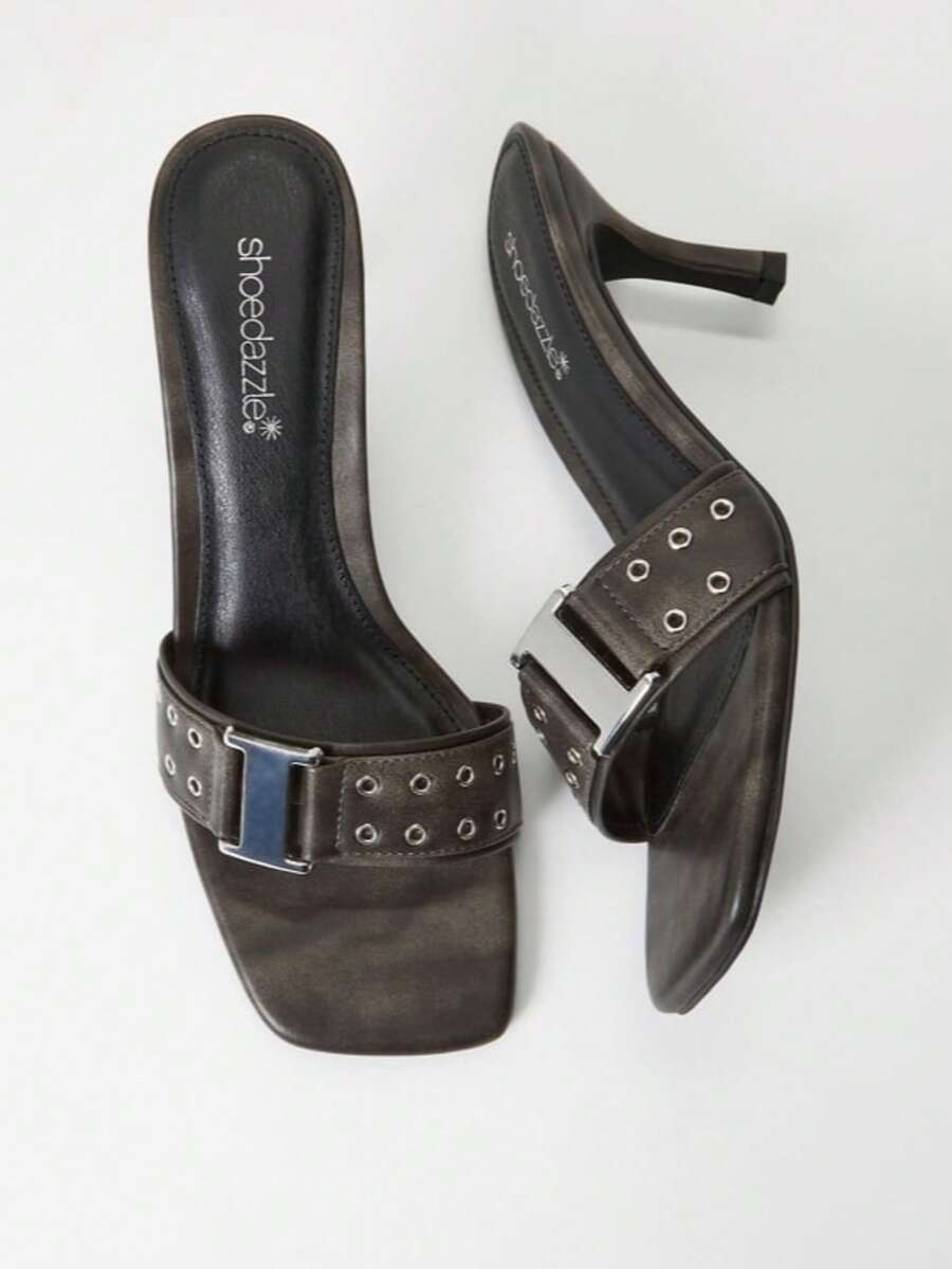 Women's Plain Color Metallic Decor Simple Casual Kitten Heel Mule Sandals, Fashion Open Toe Slip-On Summer Sandals - 黑色 - 查看 1