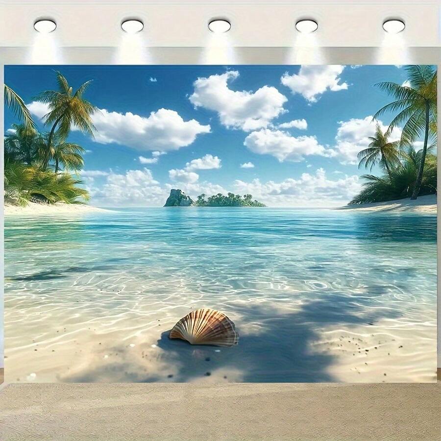 1件熱帶海灘背景布,海洋椰子樹設計,100%聚酯纖維,適合室內/室外裝飾、活動、花園和家庭慶典,安裝方便 - 3 - 查看 1