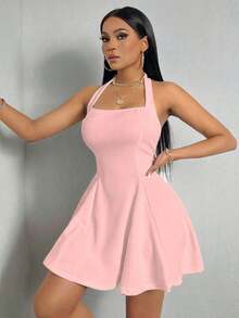 Vestido línea A unicolor de cuello halter de espalda abierta - Rosa vieja - Ver 4