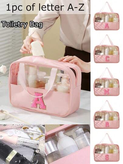 1pc Multifunctional PVC Patchwork Toiletry Bag, DIY Letter Makeup Bag, Large Capacity Cosmetic Bag, Women's Handbag, Travel Organizer, Travel Accessories, Cosmetics & Toiletries Storage, Holiday Gift, Gift For Her