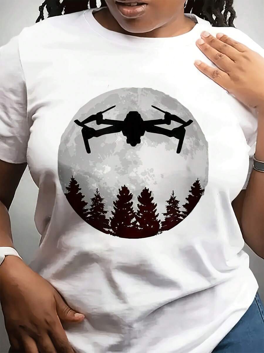 Women's Mid-Autumn Festival Fashionable Casual Round Neck Short Sleeve T-Shirt Top Can Be Worn For Everyday Wear. Featured Drone Moonlit Forest Princess. A Good Choice To Send To Friends And Family - 白色 - 查看 1