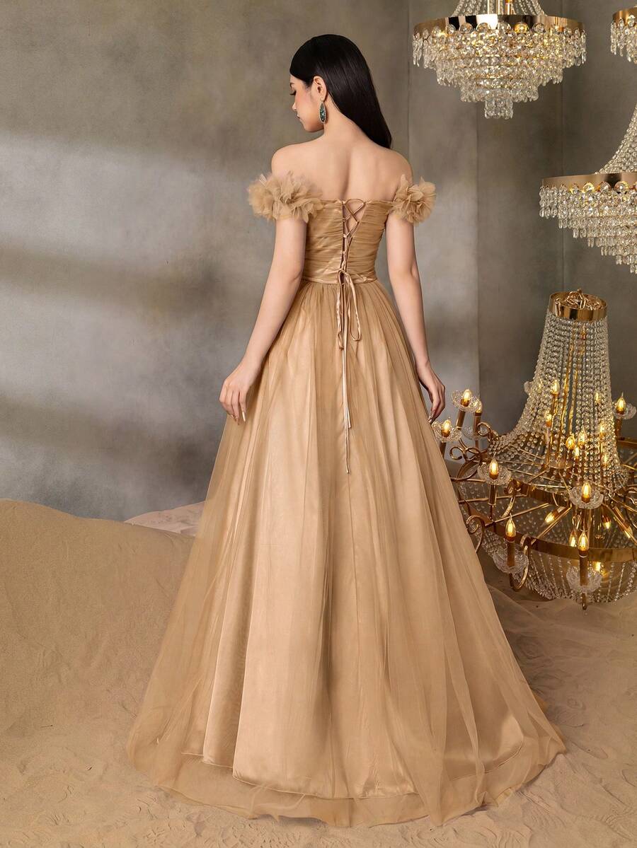Alisa&Leo 少女交叉褶皱上衣,饰有 3D 立体花卉图案,搭配露肩高开衩薄纱裙 - 适合上学、参加舞会和正式场合 - 香檳色 - 查看 1