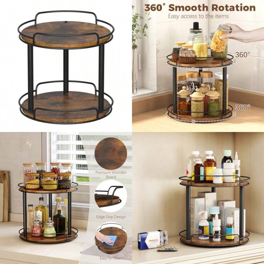 LAMU Organizador de Cocina Lazy Susan Giratorio Plato Giratorio de Madera para Gabinete Mesa Cocina Despensa Mostrador de Baño Bandeja Decorativa Centro de Mesa - Madera - Ver 1
