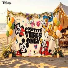 Disney Mickey And Friends Lively Cartoon Group Featuring The Slogan "Vibes Only" With Colorful Heart And Flower Accents Print No-Punch Backdrop, Perfect For Parties, Camping, Home Decor, Scene Setup And Gathering Displays - 0 - View 3