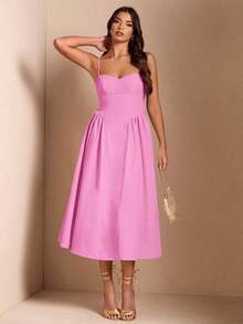 Elegante vestido largo sin mangas con manga abultada para mujer, adecuado para citas diarias, salidas, discotecas, fiestas, temporada de otoño - Rosado Sandía - Ver 6