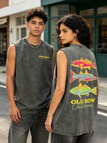 Men's Casual Summer Washed Cotton T-Shirt Old Row Outdoor Fish Print, Round Neck Short Sleeve Lightweight Knitted Fabric, Rib Details 100% Cotton - 灰色背心 - 查看 3