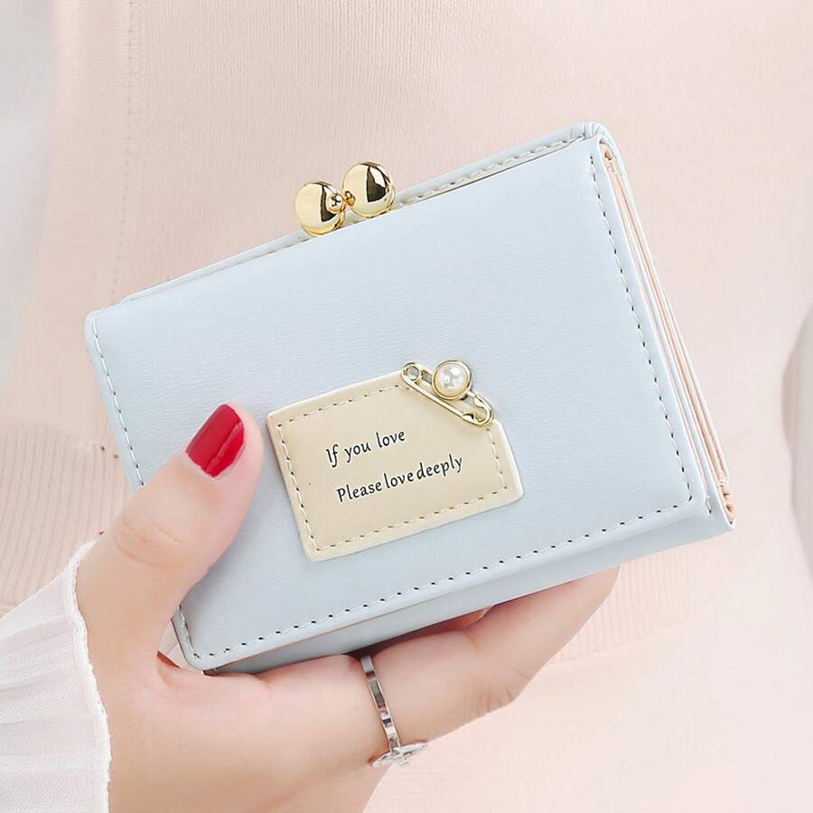 Women's Small Wallet, Simple And Short Style, Cute And Multifunctional Card Holder And Coin Purse Students - Pearl - Light Blue - View 1