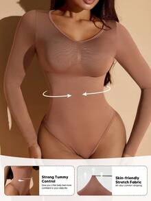 Suprenx 1pc Women's Long Sleeve Tummy Control Lift Bust Bodysuit - Camel - View 6