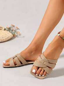 Ximi Ruo New Spring/Summer Fashion Casual Strap Slide Sandals, Comfortable Flat Heel Round Toe Slip-On Beach Slippers, Versatile Decorative Flat Sandals For Summer - Apricot - View 2
