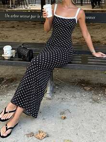 Women's Summer Vacation Style Polka Dot Contrast Color Spaghetti Strap Low Neck Dress, Suitable For Beach And Vacation - Black - View 2