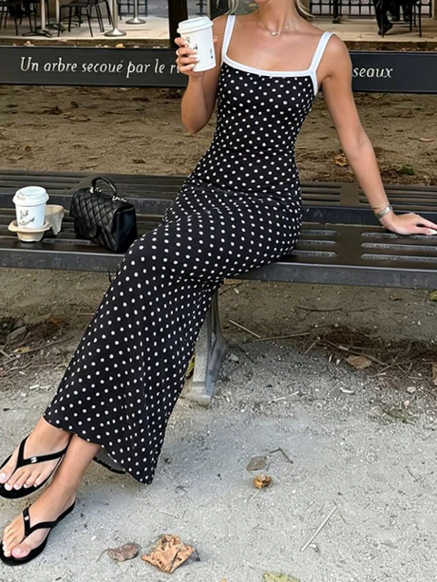 Women's Summer Vacation Style Polka Dot Contrast Color Spaghetti Strap Low Neck Dress, Suitable For Beach And Vacation