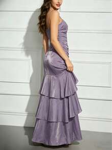 Vestido de Festa Elegante Feminino para Formatura com Babados em Camadas, Estilo Vintage, Ajuste Slim, Alças Finas, Vestido de Gala para Convidada de Casamento e Festa Formal - Lavanda - Visão 9