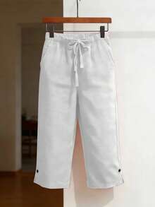 Pantalones Capri Holgados de Lino y Algodón de Color Sólido para Mujer, con Cinturón y Múltiples Bolsillos Delanteros y Traseros - Marfil - Ver 6