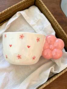 1pc Ins Style Floral Ceramic Coffee Cup, Korean Creative Asymmetrical Embossed Flower Handle, Suitable For Cappuccino, Latte, Afternoon Tea, Cold/Hot Beverages, Milk, Espresso, Ideal For Easter, Christmas, Birthday Party, Home, Office, Holiday Gift - Multicolor - View 4
