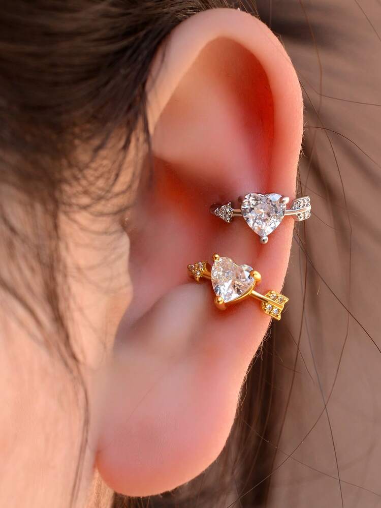 1 chiếc khuyên tai kẹp vành tai hình mũi tên trái tim đính đá Cubic Zirconia lấp lánh dành cho nữ, khuyên tai kẹp bằng đồng không cần xỏ lỗ, khuyên tai giả sụn không cần lỗ xỏ, trang sức thời trang dự tiệc, có thể điều chỉnh, hình mũi tên thần Cupid lãng mạn. - Kẹp tai hình mũi tên trái tim - Xem 2