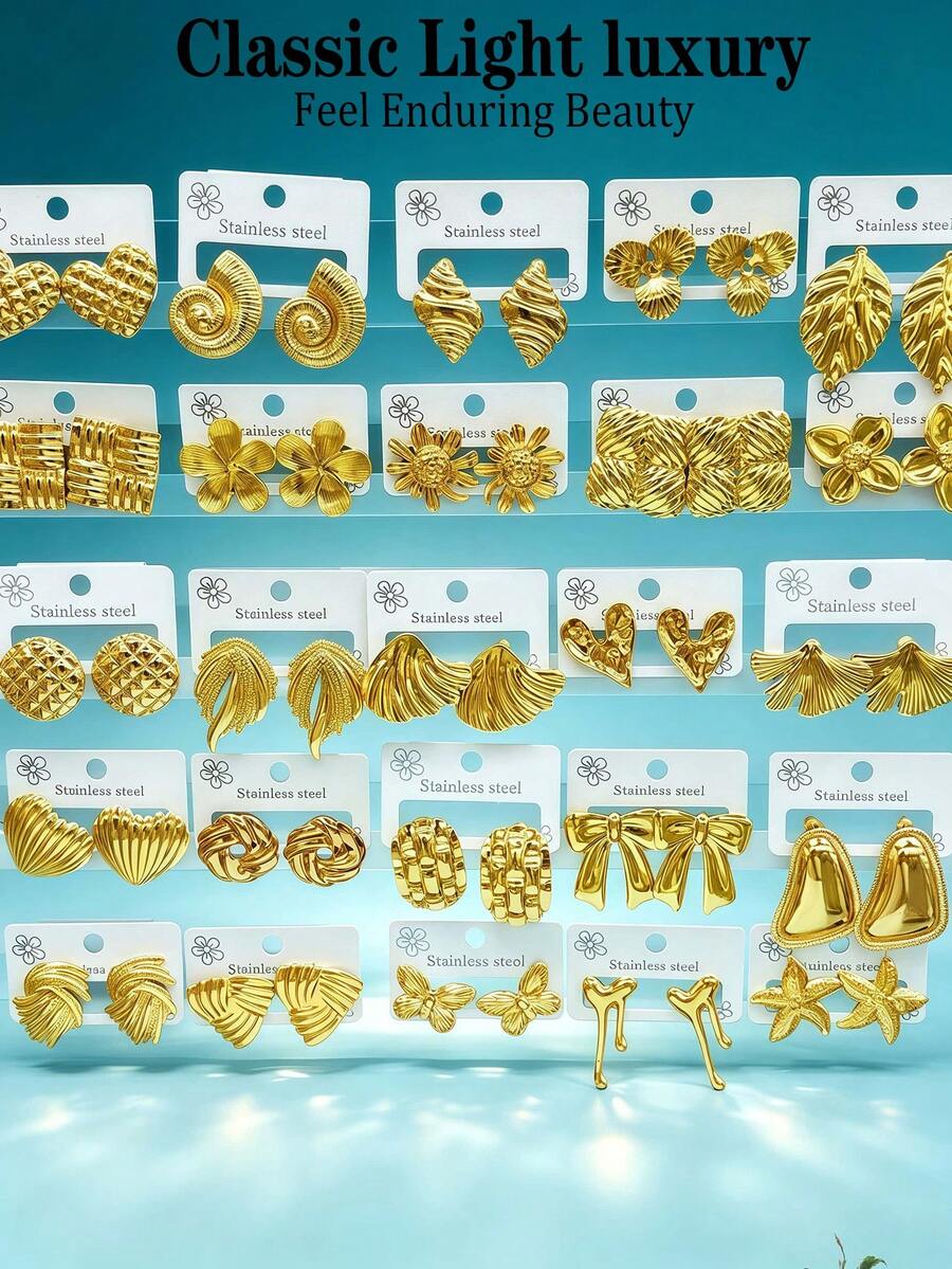 24 Pieces/12 Pairs - Elegant And Fashionable New Gold-Plated Geometric Earring Set, Droplet Shaped Earring Card Combination, Multifunctional And Exquisite Commemorative Gift Earrings, Valentine's Day Wedding Party Jewelry Set, Suitable For Women's Daily Wear, Is The Perfect Holiday Gift For Teachers, Family, And Friends - Multicolor - View 1