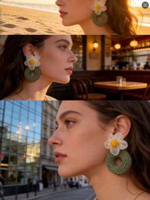 1 Pair Rustic Daisy Rattan Woven Earrings, Double-Layer Floral Hoop Earrings, Unique Design, Suitable For Beach Vacation, Music Festival, Boho Style, Girlfriend Trip, Spring Fresh Look, Casual Vacation Outfit, Date Night - Olive Green - View 9