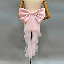 1pc White Satin Oversized Bow Backpiece, Asymmetrical Mesh Ribbon Waist Decor - Multicolor - View 10