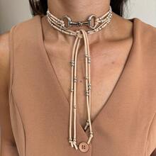 Long Silver-Plated Bridle Necklace With Small Beads, Country Western Cowgirl Boho Style, Women's Leather. - 米色 - 查看 1