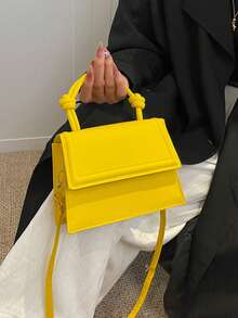 Solid Color Pleated Edge Handbag, Flap Crossbody Bag, Retro Floral Pattern Women Bag - Yellow - View 12