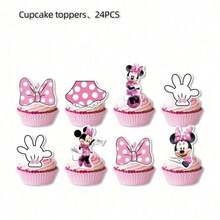 粉色老鼠主题生日派对用品套装，包含横幅、悬挂装饰、旋转装饰、桌布、纸杯、礼品袋、生日派对装饰套装 - 卡通餐具套裝 - 查看 8
