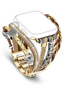 1pc Luxury Gold Genuine Leather Watch Band, Compatible With Apple Watch 41mm, 40mm, 38mm, 45mm, 44mm, 42mm, 49mm, Women's Bohemian Style Multi-Layer Wrap Bracelet Watch Strap, Suitable For Apple Watch Series Ultra 10, 9, 8, 7, 6, 5, 4, 3, 2, 1, SE - Gold - View 8