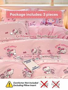 SANRIO 三丽鸥可爱印花三件套床上用品 - Hello Kitty（1 个被套 + 2 个枕套，不含被芯），卡通全尺寸，柔软舒适，适合宿舍、家庭卧室、酒店，四季皆宜，带拉链和枕套，耐用多色，超大被套套装 - 粉色 - 查看 6