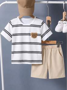 2pcs/Set Young BoySummer Striped Round Neck Short Sleeve T-Shirt And Shorts - Multicolor - View 1