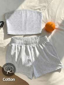 Light Gray Cotton 2 Pieces Outfit For Teen Girls, Sleeveless Tube Top & Elastic Waist Shorts, Soft Loungewear Set For Casual & Lounging(YY1404) - Grey - View 1